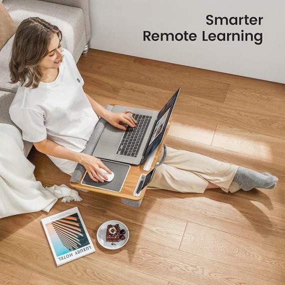 Lap Desk, Home Office Laptop Desk Fits up to 17 inches Laptop with Mouse Pad, Wrist Pad, Tablet, Pen & Phone Holder, Laptop Stand for Reading, Writing and Working, Wood Grain (TZLD3)