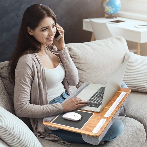 Lap Desk, Home Office Laptop Desk Fits up to 17 inches Laptop with Mouse Pad, Wrist Pad, Tablet, Pen & Phone Holder, Laptop Stand for Reading, Writing and Working, Wood Grain (TZLD3)