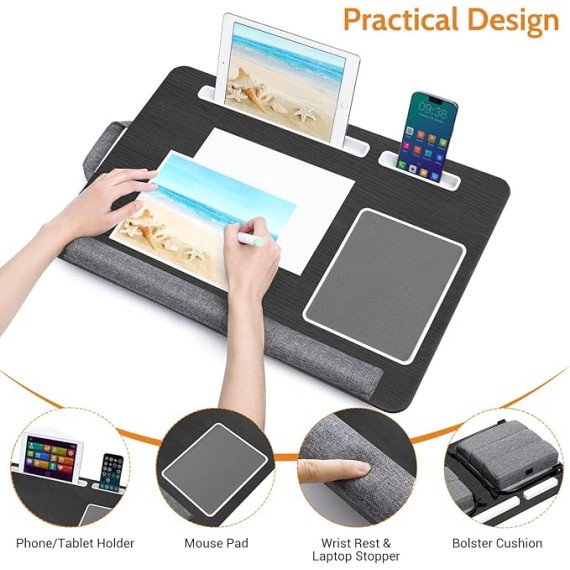 Lap Desk for Laptop with Cushion, Adjustable Laptop Desk for Bed - Fits Up to 17" Laptop, Computer Tray Table with Tablet & Phone Holder, Foldable Lap Desks for Adults with Mouse Pad & Wrist Rest