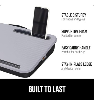 Laptop Lap Desk with Phone Holder, Pillow Cushion Desks Fit Laptops up to 15.6", Tray Ledge Keep Computers in Place, Portable Travel Workstation Essentials for Home, Dorm Room, Gray