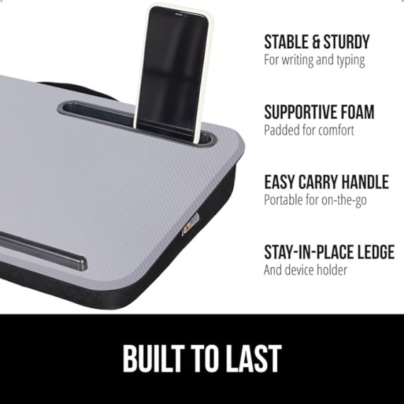 Laptop Lap Desk with Phone Holder, Pillow Cushion Desks Fit Laptops up to 15.6", Tray Ledge Keep Computers in Place, Portable Travel Workstation Essentials for Home, Dorm Room, Gray