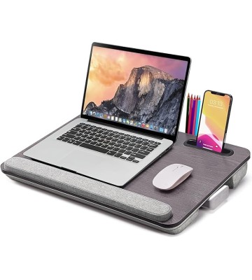 Lap Desk Laptop Bed Table: Fits up to 17 inch Laptops Pad Computer Lapdesk - Large Holding BedDesks with Soft Pillow and Storage Bag - Wooden Office Writing Bed Table