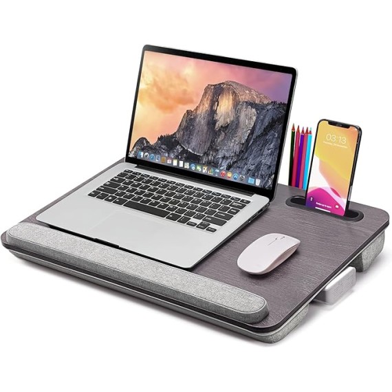 Lap Desk Laptop Bed Table: Fits up to 17 inch Laptops Pad Computer Lapdesk - Large Holding BedDesks with Soft Pillow and Storage Bag - Wooden Office Writing Bed Table