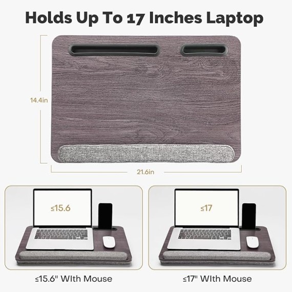 Lap Desk Laptop Bed Table: Fits up to 17 inch Laptops Pad Computer Lapdesk - Large Holding BedDesks with Soft Pillow and Storage Bag - Wooden Office Writing Bed Table