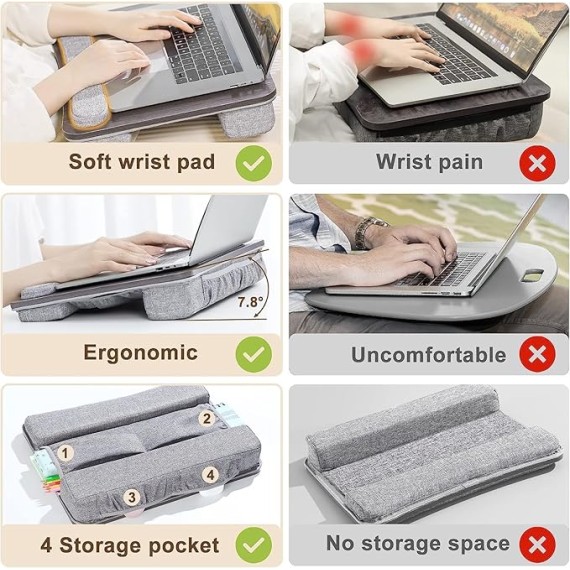 Lap Desk Laptop Bed Table: Fits up to 17 inch Laptops Pad Computer Lapdesk - Large Holding BedDesks with Soft Pillow and Storage Bag - Wooden Office Writing Bed Table