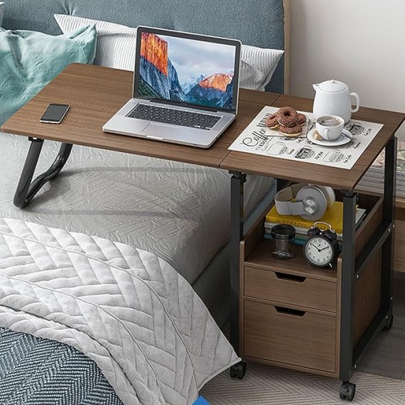 2 in 1 Rolling Overbed Table, Foldable Bedside Table Height Adjustable Sofa Table Cart Mobile Computer Desk with Drawer, Laptop Table for Bedroom,Living Room(100x40x70-88cm(39x16x27-34in), B)