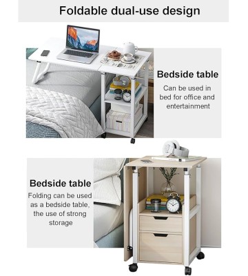 2 in 1 Rolling Overbed Table, Foldable Bedside Table Height Adjustable Sofa Table Cart Mobile Computer Desk with Drawer, Laptop Table for Bedroom,Living Room(100x40x70-88cm(39x16x27-34in), B)