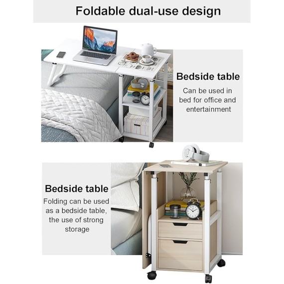 2 in 1 Rolling Overbed Table, Foldable Bedside Table Height Adjustable Sofa Table Cart Mobile Computer Desk with Drawer, Laptop Table for Bedroom,Living Room(100x40x70-88cm(39x16x27-34in), B)