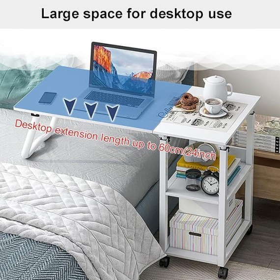 2 in 1 Rolling Overbed Table, Foldable Bedside Table Height Adjustable Sofa Table Cart Mobile Computer Desk with Drawer, Laptop Table for Bedroom,Living Room(100x40x70-88cm(39x16x27-34in), B)