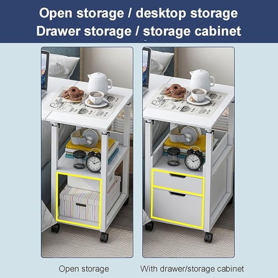 2 in 1 Rolling Overbed Table, Foldable Bedside Table Height Adjustable Sofa Table Cart Mobile Computer Desk with Drawer, Laptop Table for Bedroom,Living Room(100x40x70-88cm(39x16x27-34in), B)