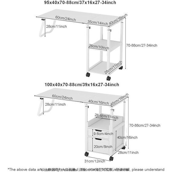 2 in 1 Rolling Overbed Table, Foldable Bedside Table Height Adjustable Sofa Table Cart Mobile Computer Desk with Drawer, Laptop Table for Bedroom,Living Room(100x40x70-88cm(39x16x27-34in), B)