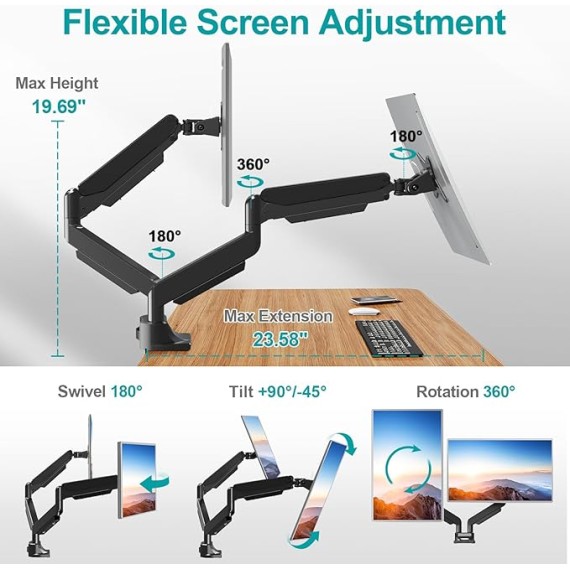 Dual Monitor Stand Fits Max 42 Inch Computer Screen, Heavy Duty Premium Monitor Mount for 2 Monitors, Each Arm Holds up to 33lbs, Ultrawide 2 Monitor Desk Mount, VESA Mount 75x75mm/100x100mm