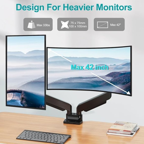 Dual Monitor Stand Fits Max 42 Inch Computer Screen, Heavy Duty Premium Monitor Mount for 2 Monitors, Each Arm Holds up to 33lbs, Ultrawide 2 Monitor Desk Mount, VESA Mount 75x75mm/100x100mm