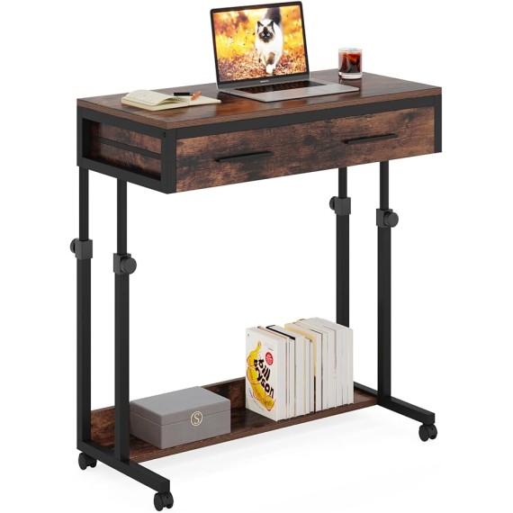 Laptop Wheels,Mobile Portable Drawers Couch Sofa Bed Side Table, Small Standing Desk for Home Office, Brown