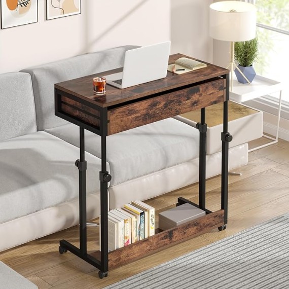 Laptop Wheels,Mobile Portable Drawers Couch Sofa Bed Side Table, Small Standing Desk for Home Office, Brown