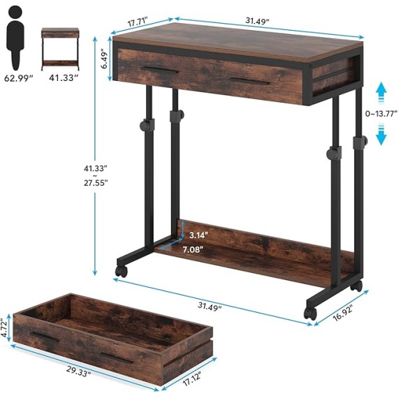 Laptop Wheels,Mobile Portable Drawers Couch Sofa Bed Side Table, Small Standing Desk for Home Office, Brown