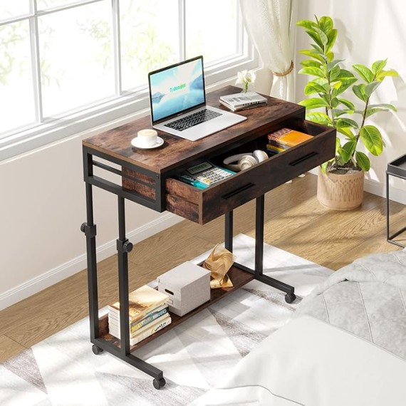 Laptop Wheels,Mobile Portable Drawers Couch Sofa Bed Side Table, Small Standing Desk for Home Office, Brown