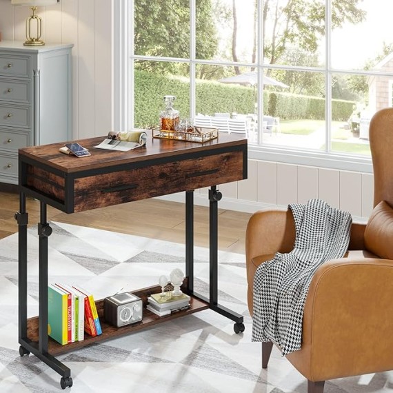 Laptop Wheels,Mobile Portable Drawers Couch Sofa Bed Side Table, Small Standing Desk for Home Office, Brown