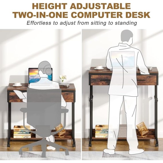 Laptop Wheels,Mobile Portable Drawers Couch Sofa Bed Side Table, Small Standing Desk for Home Office, Brown