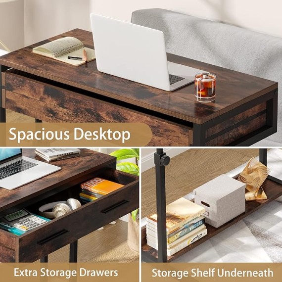 Laptop Wheels,Mobile Portable Drawers Couch Sofa Bed Side Table, Small Standing Desk for Home Office, Brown