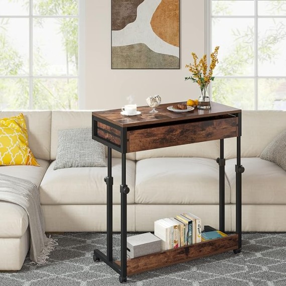 Laptop Wheels,Mobile Portable Drawers Couch Sofa Bed Side Table, Small Standing Desk for Home Office, Brown