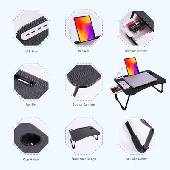 Foldable Laptop Table, Portable Bed Desk Tray, Lap Desk with USB Ports, Pad & Cup Holder, Drawer - Laptop Stand