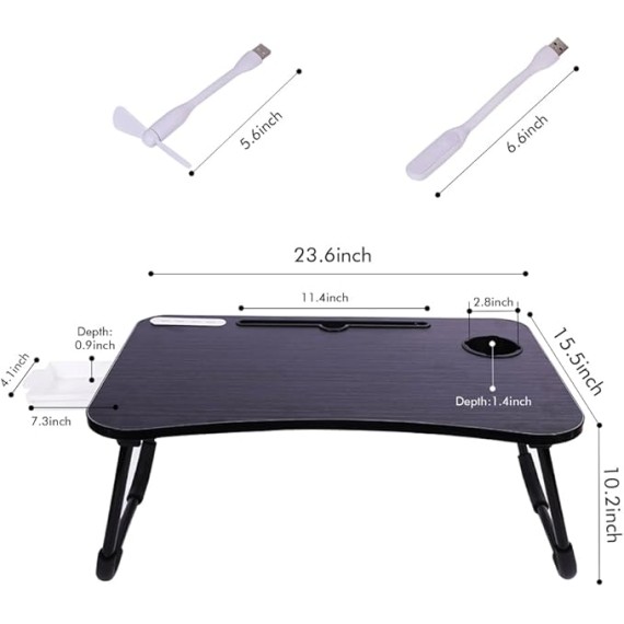 Foldable Laptop Table, Portable Bed Desk Tray, Lap Desk with USB Ports, Pad & Cup Holder, Drawer - Laptop Stand
