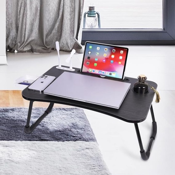 Foldable Laptop Table, Portable Bed Desk Tray, Lap Desk with USB Ports, Pad & Cup Holder, Drawer - Laptop Stand