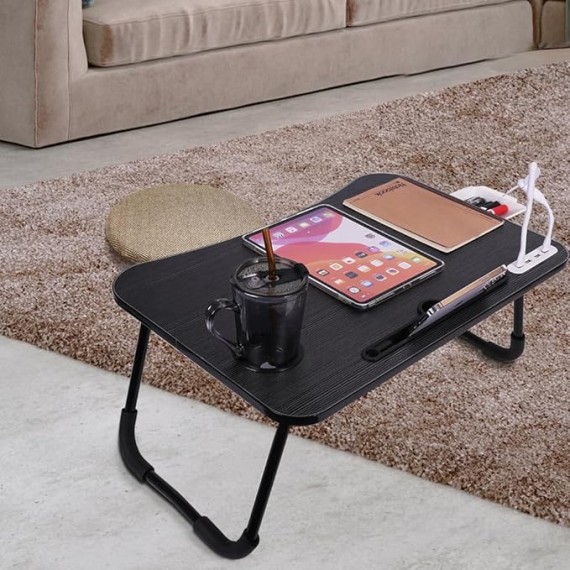 Foldable Laptop Table, Portable Bed Desk Tray, Lap Desk with USB Ports, Pad & Cup Holder, Drawer - Laptop Stand