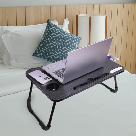 Foldable Laptop Table, Portable Bed Desk Tray, Lap Desk with USB Ports, Pad & Cup Holder, Drawer - Laptop Stand