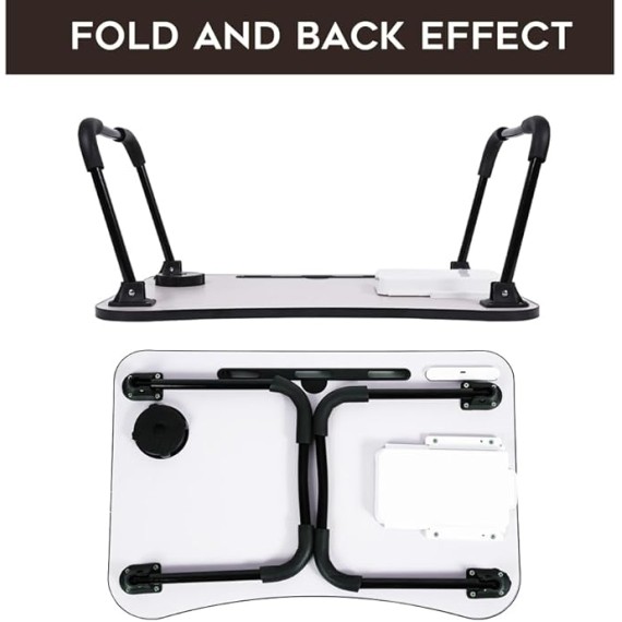 Foldable Laptop Table, Portable Bed Desk Tray, Lap Desk with USB Ports, Pad & Cup Holder, Drawer - Laptop Stand