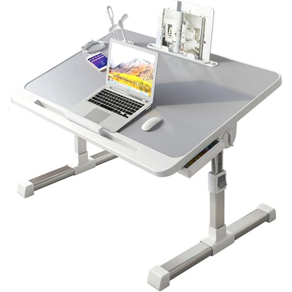 Foldable Bed Tray Table, Adjustable Height Laptop Desk for Bed, Portable Lap Desk for Working and Writing with Storage Drawers Bookshelf and USB Port (Size: 60×40cm)