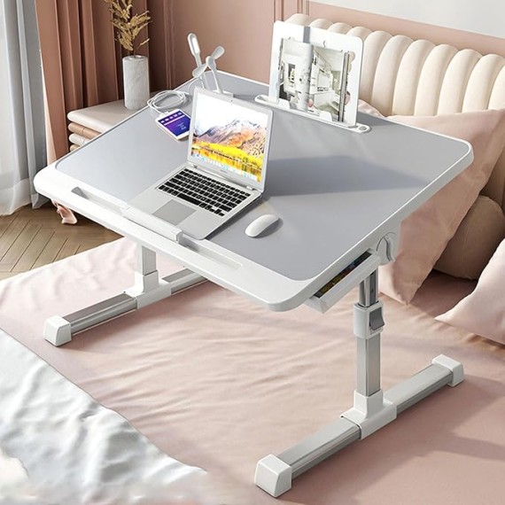 Foldable Bed Tray Table, Adjustable Height Laptop Desk for Bed, Portable Lap Desk for Working and Writing with Storage Drawers Bookshelf and USB Port (Size: 60×40cm)