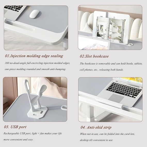 Foldable Bed Tray Table, Adjustable Height Laptop Desk for Bed, Portable Lap Desk for Working and Writing with Storage Drawers Bookshelf and USB Port (Size: 60×40cm)