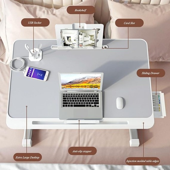 Foldable Bed Tray Table, Adjustable Height Laptop Desk for Bed, Portable Lap Desk for Working and Writing with Storage Drawers Bookshelf and USB Port (Size: 60×40cm)
