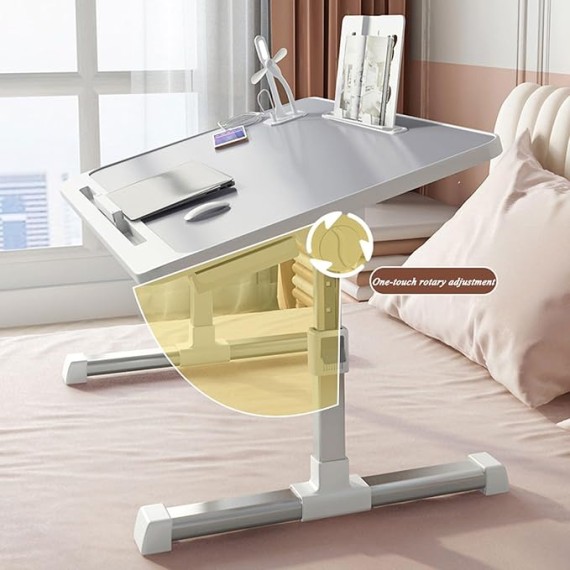 Foldable Bed Tray Table, Adjustable Height Laptop Desk for Bed, Portable Lap Desk for Working and Writing with Storage Drawers Bookshelf and USB Port (Size: 60×40cm)