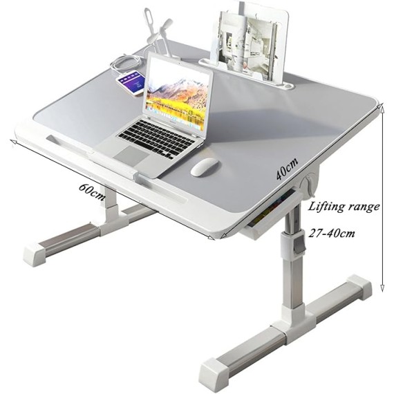 Foldable Bed Tray Table, Adjustable Height Laptop Desk for Bed, Portable Lap Desk for Working and Writing with Storage Drawers Bookshelf and USB Port (Size: 60×40cm)