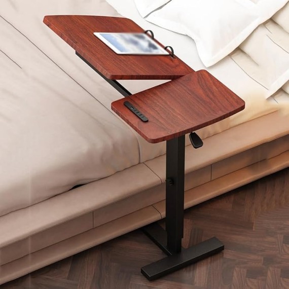 Foldable Movable Overbed Table, Hospital Bed Table, Tiltable Pneumatic Overbed Table with Hidden Wheels Adjustable Height, USB Laptop Cart&Rolling Tray Table, Medical Bedside Desk for Home Office