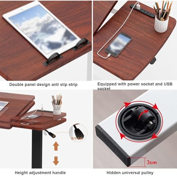 Foldable Movable Overbed Table, Hospital Bed Table, Tiltable Pneumatic Overbed Table with Hidden Wheels Adjustable Height, USB Laptop Cart&Rolling Tray Table, Medical Bedside Desk for Home Office