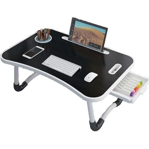 Lap Desk, Laptop Table for Bed with Cup Holder and Tablet Slot, Fits up to 15.6 inch Laptop, with Anti-Slip and Folding Function for Working, Eating, Writing and Watching Movies.(Black)