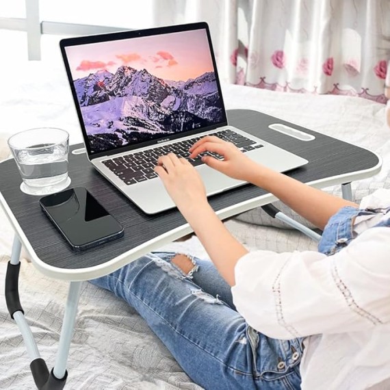 Lap Desk, Laptop Table for Bed with Cup Holder and Tablet Slot, Fits up to 15.6 inch Laptop, with Anti-Slip and Folding Function for Working, Eating, Writing and Watching Movies.(Black)
