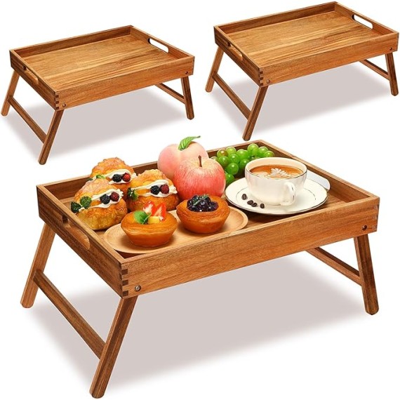 3 Pcs Acacia Bed Table Tray 11.5" Height Laptop Wooden Breakfast Tray Serving Floor Desk with Folding Legs and Handles TV Trays for Eating on Couch Sitting on The Floor for Bedroom Kids