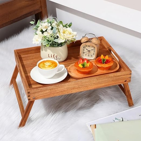 3 Pcs Acacia Bed Table Tray 11.5" Height Laptop Wooden Breakfast Tray Serving Floor Desk with Folding Legs and Handles TV Trays for Eating on Couch Sitting on The Floor for Bedroom Kids
