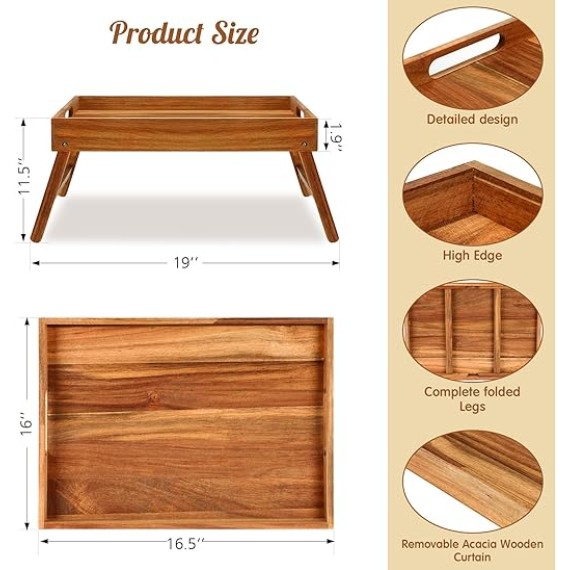 3 Pcs Acacia Bed Table Tray 11.5" Height Laptop Wooden Breakfast Tray Serving Floor Desk with Folding Legs and Handles TV Trays for Eating on Couch Sitting on The Floor for Bedroom Kids