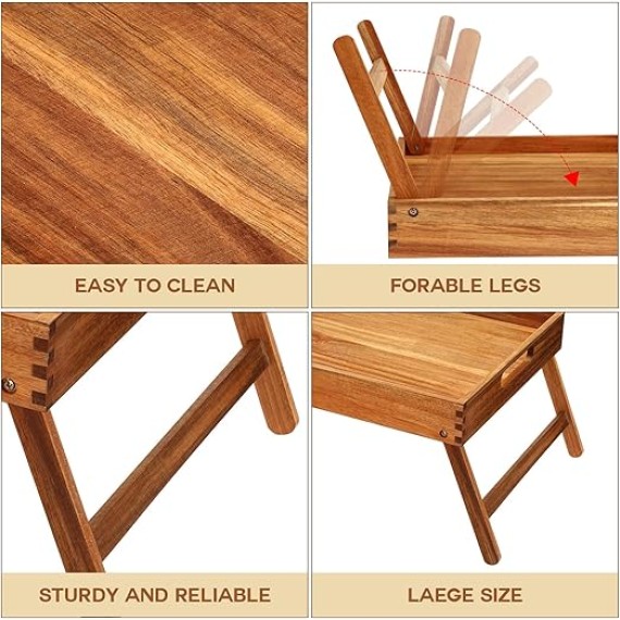 3 Pcs Acacia Bed Table Tray 11.5" Height Laptop Wooden Breakfast Tray Serving Floor Desk with Folding Legs and Handles TV Trays for Eating on Couch Sitting on The Floor for Bedroom Kids