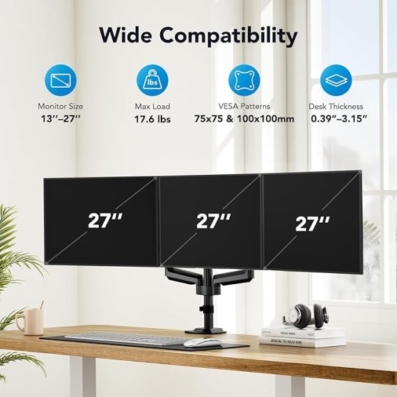 Triple Monitor Mount for 13-27 inch Computer Screens, Triple Monitor Stand with Gas Springcore Arm Holds 17.6lbs, 3 Monitor Stand Desk Mount with Tilt, Swivel, Rotation, VESA 75x75, 100x100mm