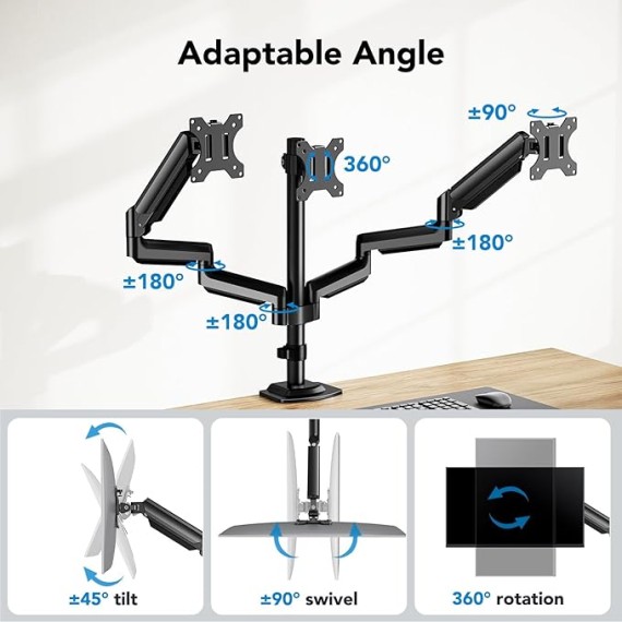 Triple Monitor Mount for 13-27 inch Computer Screens, Triple Monitor Stand with Gas Springcore Arm Holds 17.6lbs, 3 Monitor Stand Desk Mount with Tilt, Swivel, Rotation, VESA 75x75, 100x100mm
