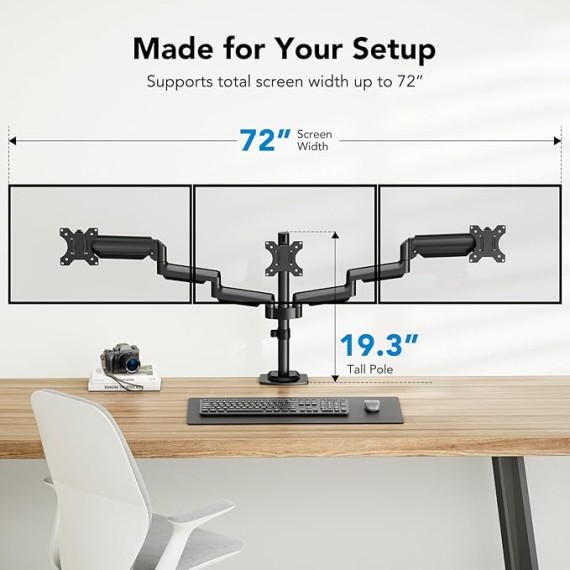 Triple Monitor Mount for 13-27 inch Computer Screens, Triple Monitor Stand with Gas Springcore Arm Holds 17.6lbs, 3 Monitor Stand Desk Mount with Tilt, Swivel, Rotation, VESA 75x75, 100x100mm