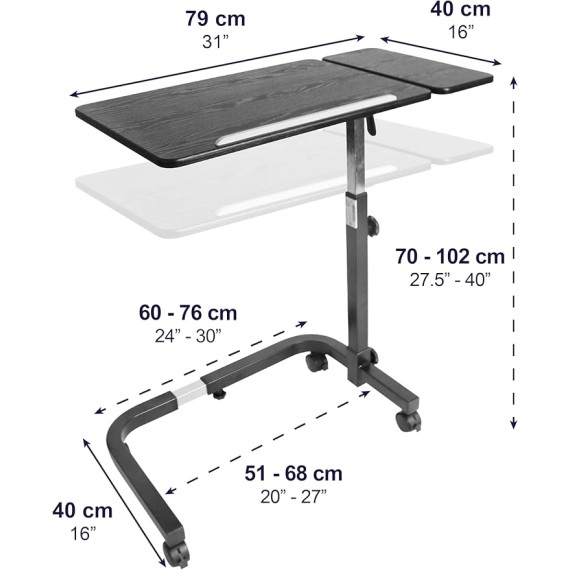 Overbed Table with Wheels Adjustable Height, Wheelchair, Tilt Top Bedside, Hospital Over Bed, Home Use (Black)