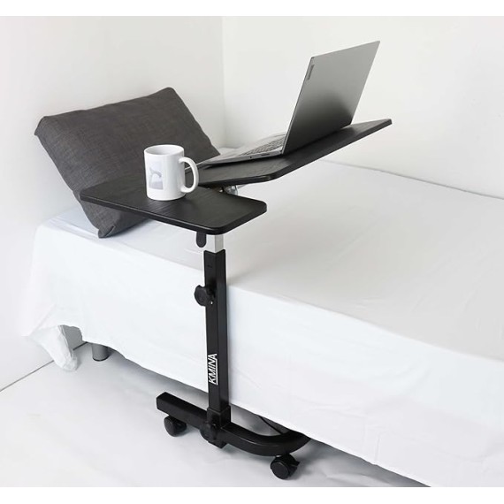 Overbed Table with Wheels Adjustable Height, Wheelchair, Tilt Top Bedside, Hospital Over Bed, Home Use (Black)
